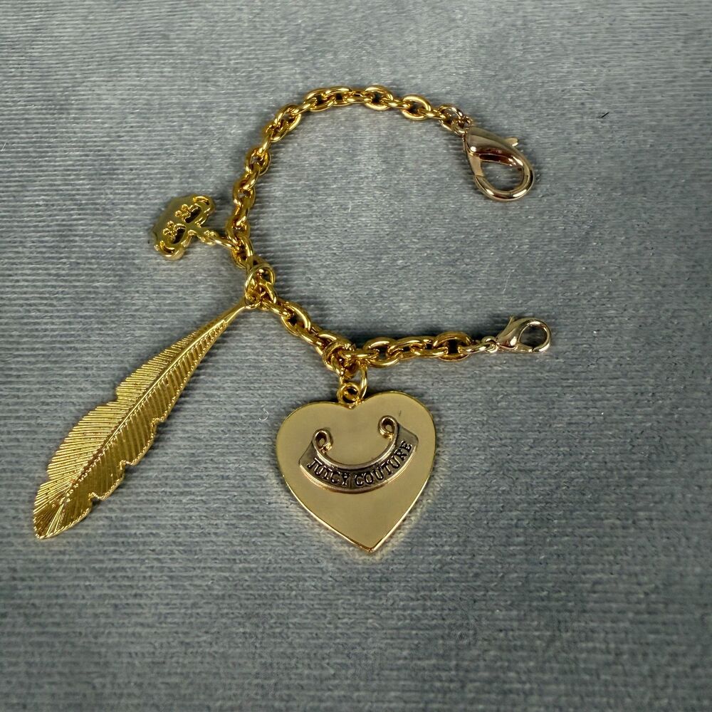 Juicy Couture Gold Charm Bracelet Heart Crown Feather Charm NWOT